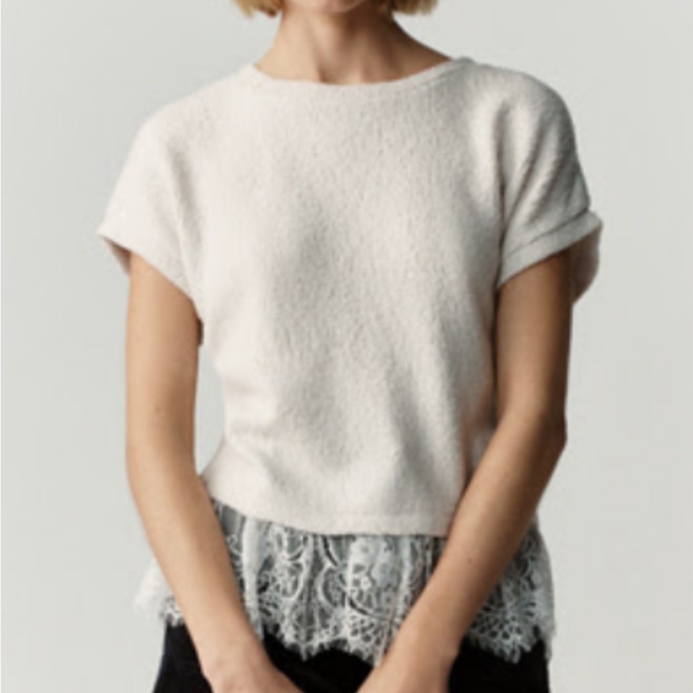 Maeve Cream Short Sleeve Top with Lace Detail